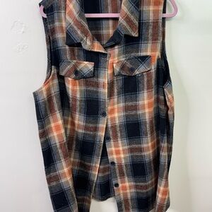 Sleeveless Plaid Button-Front Shirt - Black and Orange